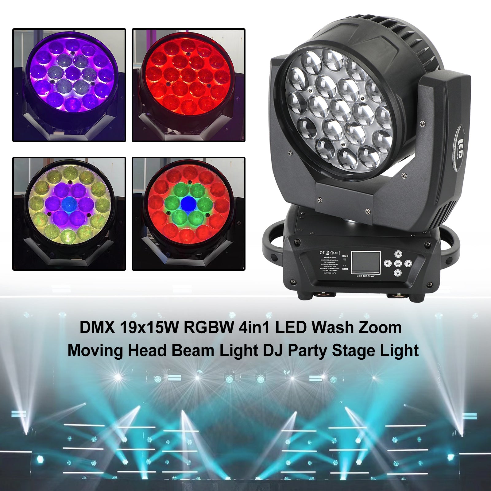 舞台照明 高輝度 19x15W LED RGBW ムービングライト 4in1 DMX 0-100