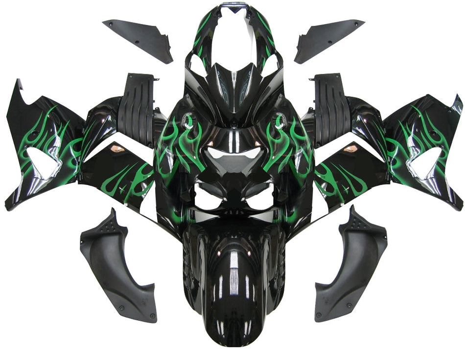 2006-2011 Ninja ZX14R ブラック&グリーン フレイム ボディワーク フェアリング ABS 射出成形プラスチック セット 10# ジェネリック