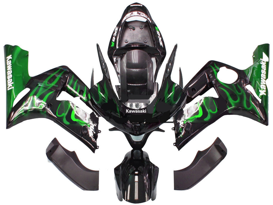 2003-2004 カワサキ ZX6R 636 フェアリング ブラック & グリーン フレイム Ninja Racing ジェネリック