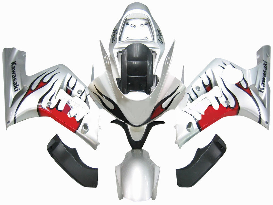 2003-2004 カワサキ ZX6R 636 フェアリング シルバー & レッド フレイム Ninja Racing ジェネリック