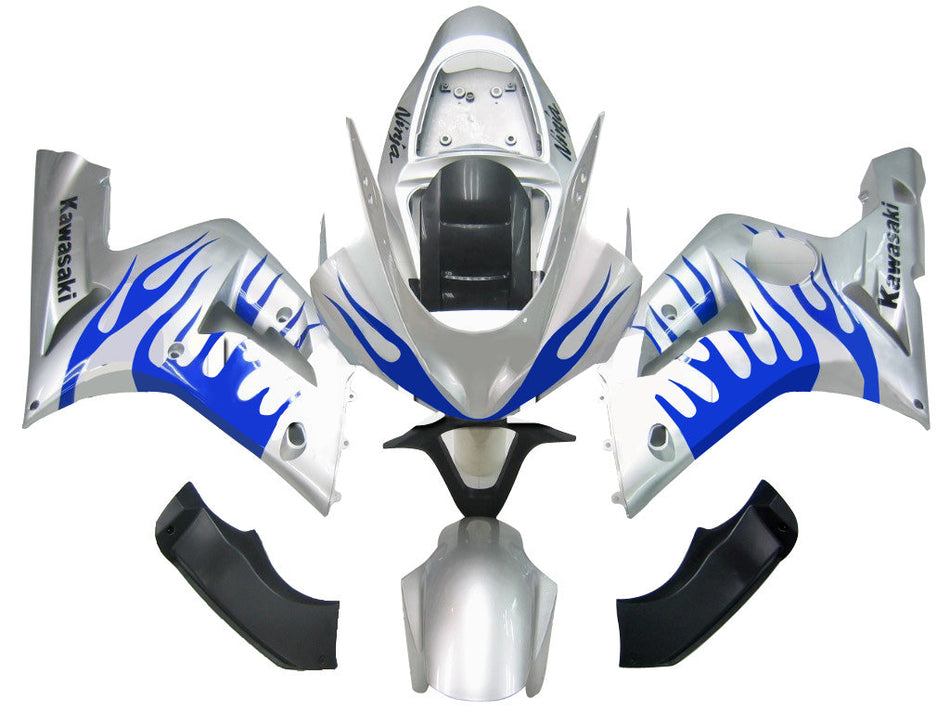 2003-2004 カワサキ ZX6R 636 フェアリング シルバー & ブルー フレイム Ninja Racing ジェネリック
