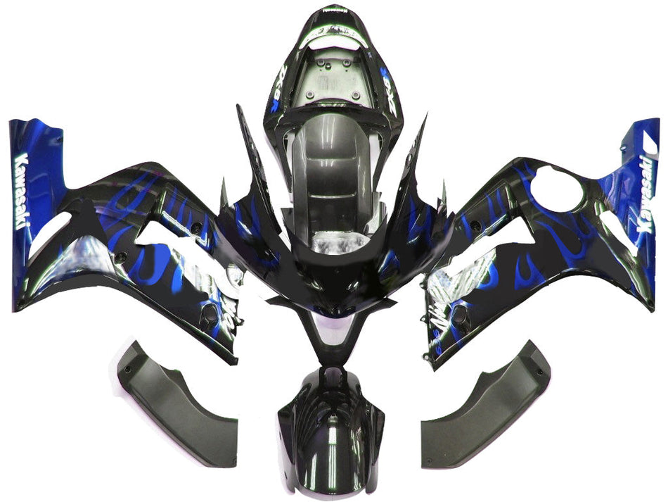 2003-2004 カワサキ ZX6R 636 フェアリング ブラック & ブルー フレイム Ninja Racing ジェネリック
