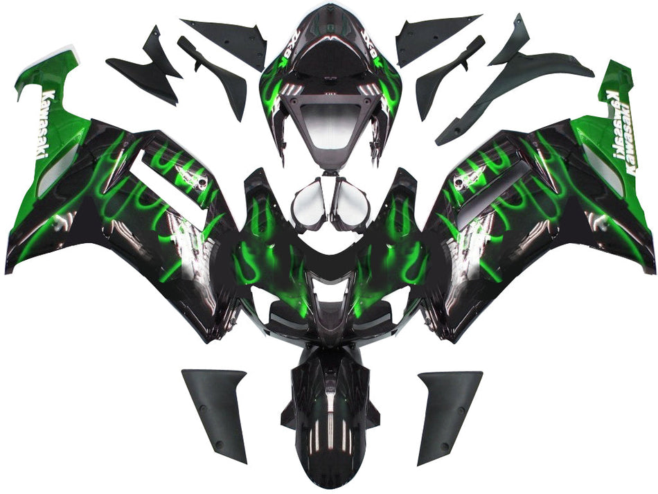 2007-2008 カワサキ ZX6R ZX636 フェアリング ブラック & グリーン フレイム Ninja Racing ジェネリック