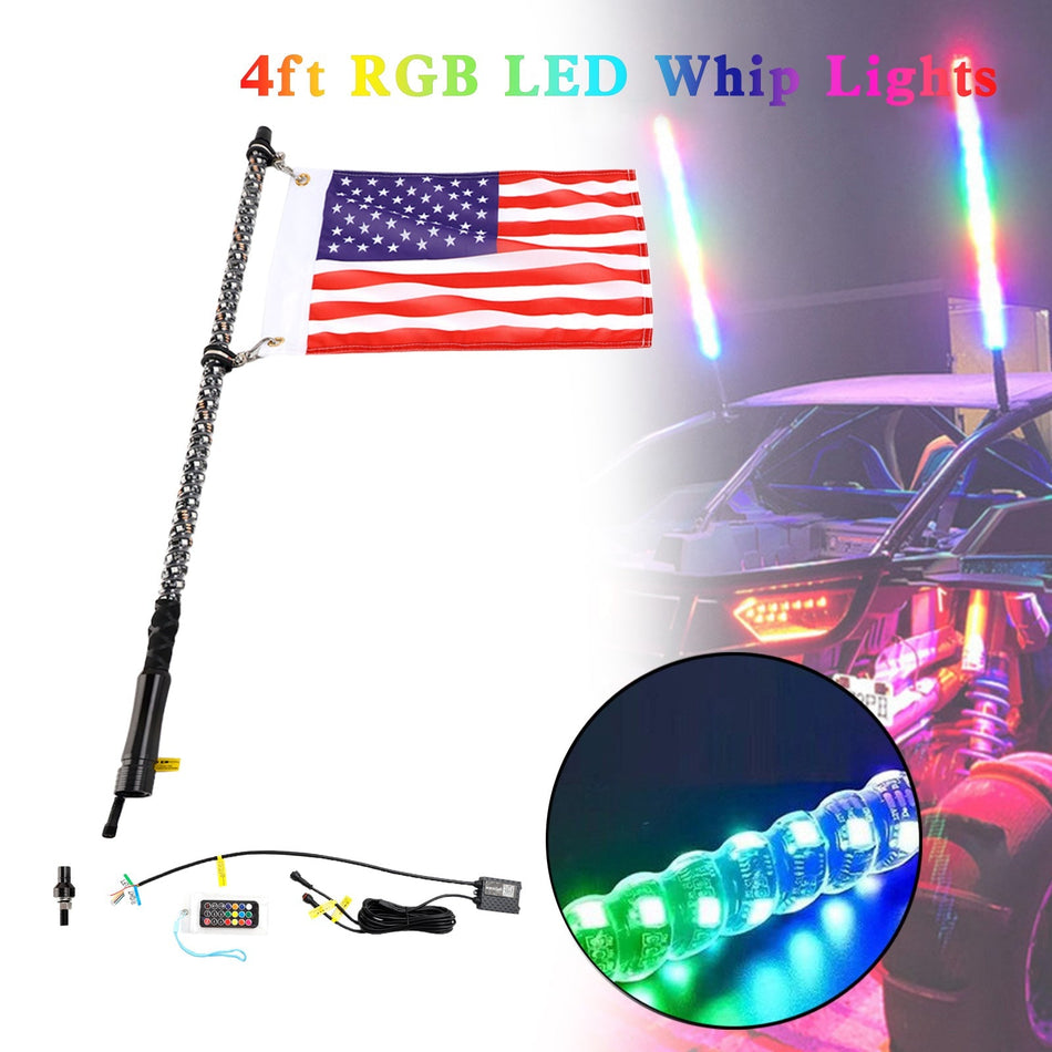 4フィート RGB LED アプリ ホイップライト アンテナ フラッグ リモコン付き Polaris UTV ATV 用