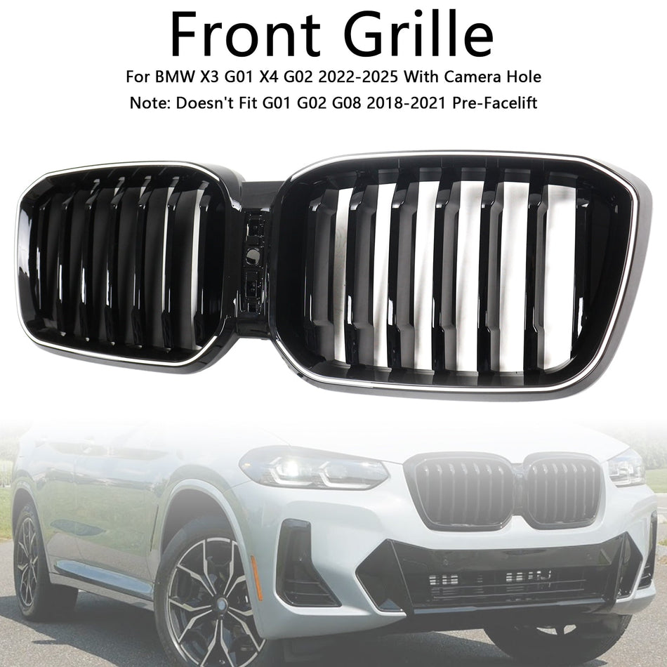 2022-2025 BMW X3 G01 X4 G02 光沢ブラック フロントバンパー キドニーグリル カメラホール付き