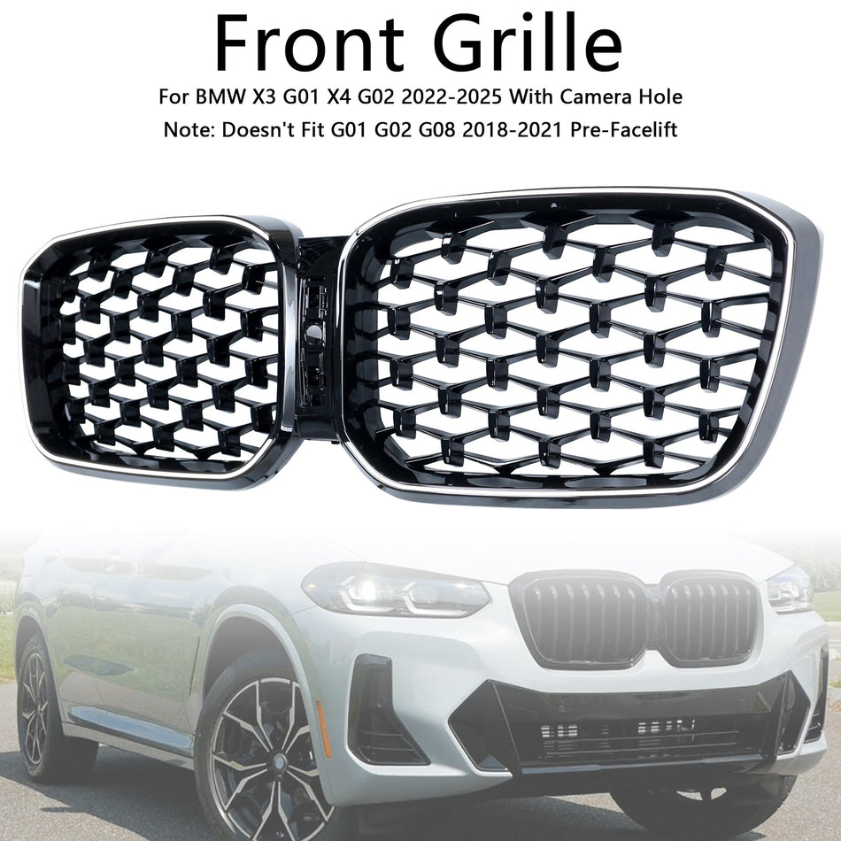 2022-2025 BMW X3 G01 X4 G02 ダイヤモンドグロッシーブラックフロントバンパーキドニーグリル