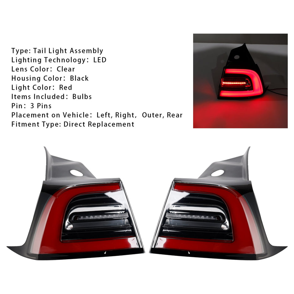 L+R LEDテールランプ アウターリアテールライト 3ピン テスラ モデル3 Y 2017-2023用