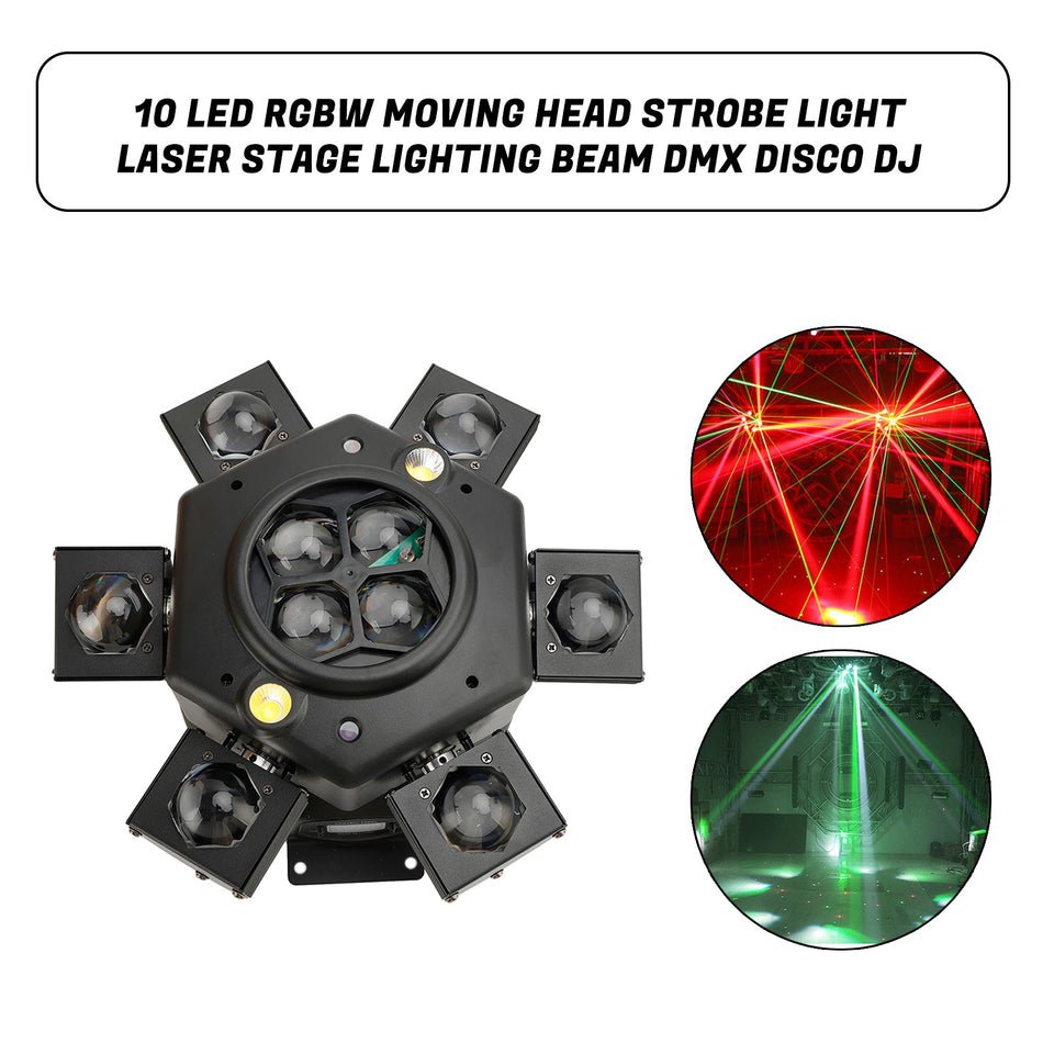 10 LED RGBW ムービングヘッド ストロボライト レーザーステージ照明ビーム DMX ディスコ DJ