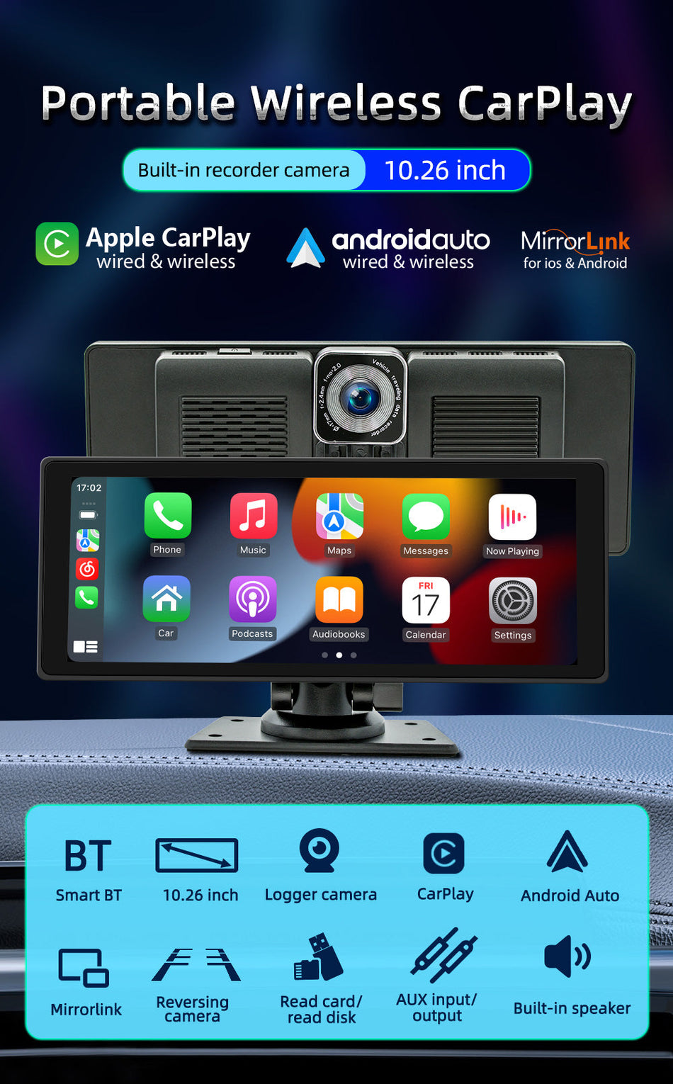 10.26インチ ワイヤレス Carplay Bluetooth ラジオ FM 車載 MP5 プレーヤー AHD レコーダー カメラ