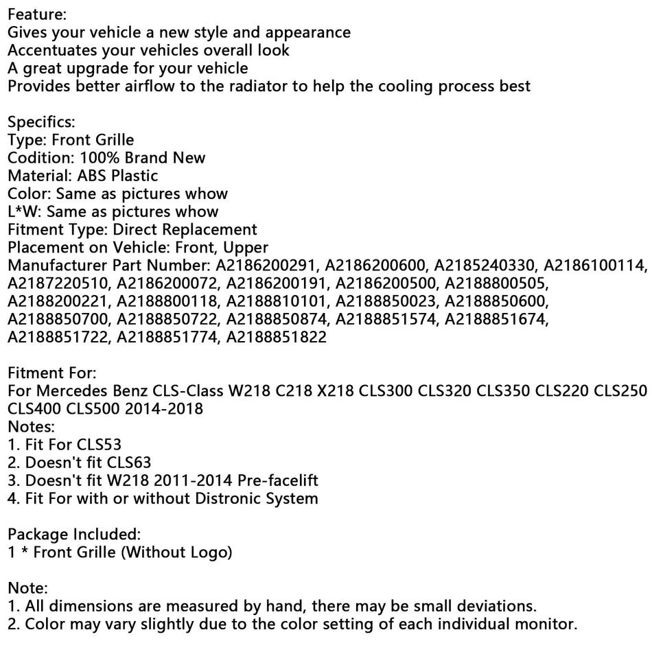 2015-2018 メルセデスベンツ CLSクラス W218 CLS350 フロントバンパーグリル グリル A2186200291