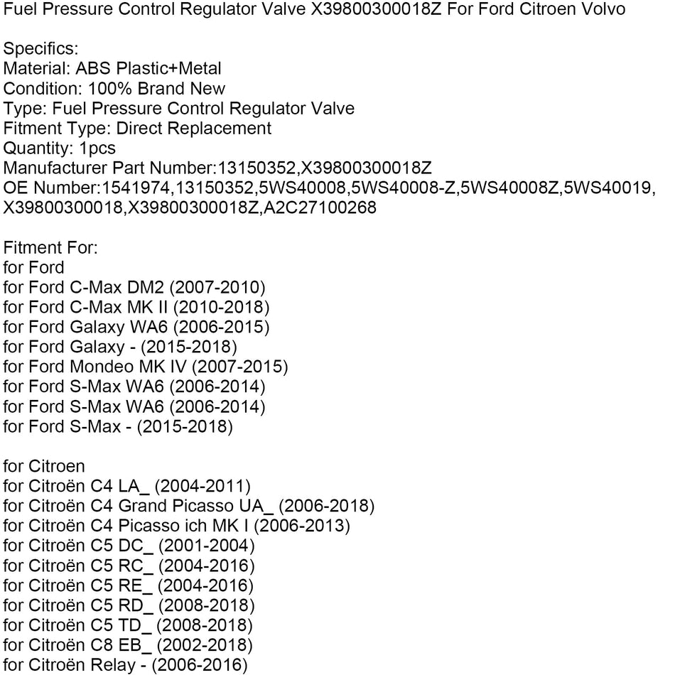 2015-2018 フォード S-Max 燃料圧力制御レギュレーターバルブ X39800300018Z