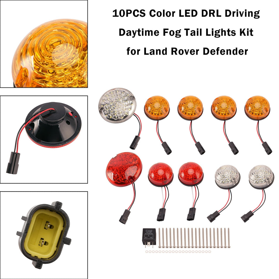 1990-2016年式ランドローバーディフェンダー用 10個入りカラーLEDデイタイムランニングライト（DRL）フォグテールライトキット