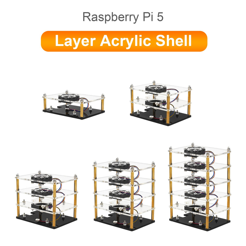 Raspberry Pi 5 多層アクリルシェル 透明保護ケース 冷却ファン