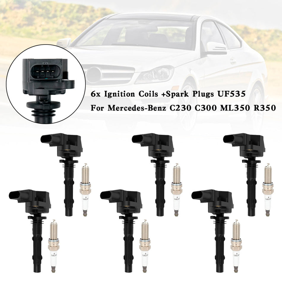 6x イグニッションコイル + スパークプラグ UF535 メルセデスベンツ C230 C300 ML350 R350 用
