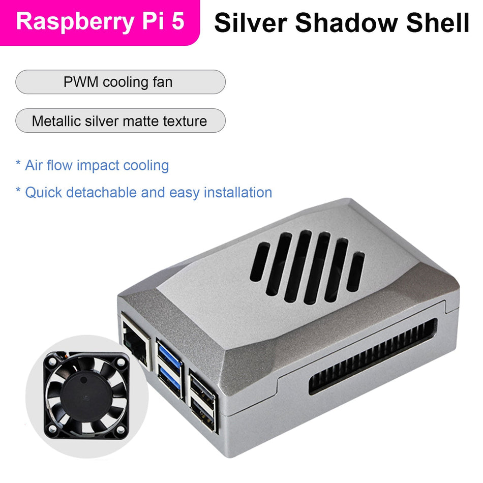 シルバーシャドウシェル Raspberry pi5 保護ボックス ABS 素材 スピードコントロールファン
