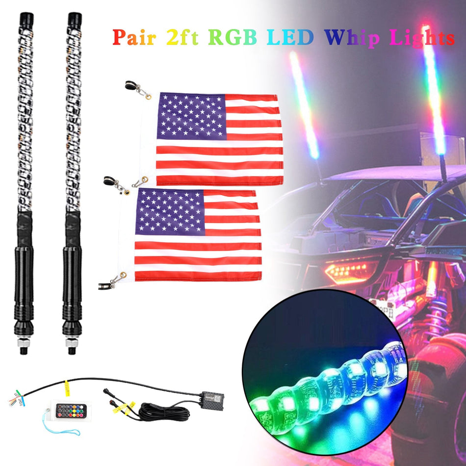 2X 2フィート RGB LED APP ホイップライトアンテナ フラッグリモコン付き Polaris UTV ATV用