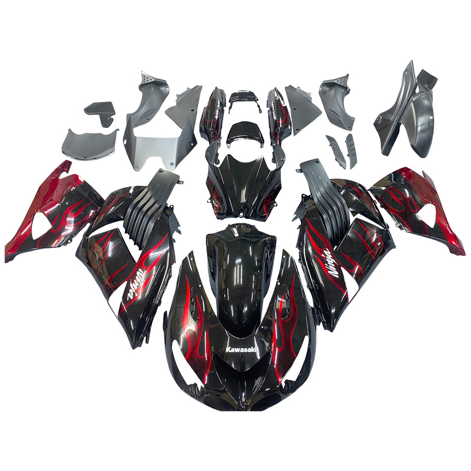 2006-2011 Ninja ZX14R ブラック&amp;レッド フレイム ボディワーク フェアリング ABS 射出成形プラスチック セット 2# ジェネリック