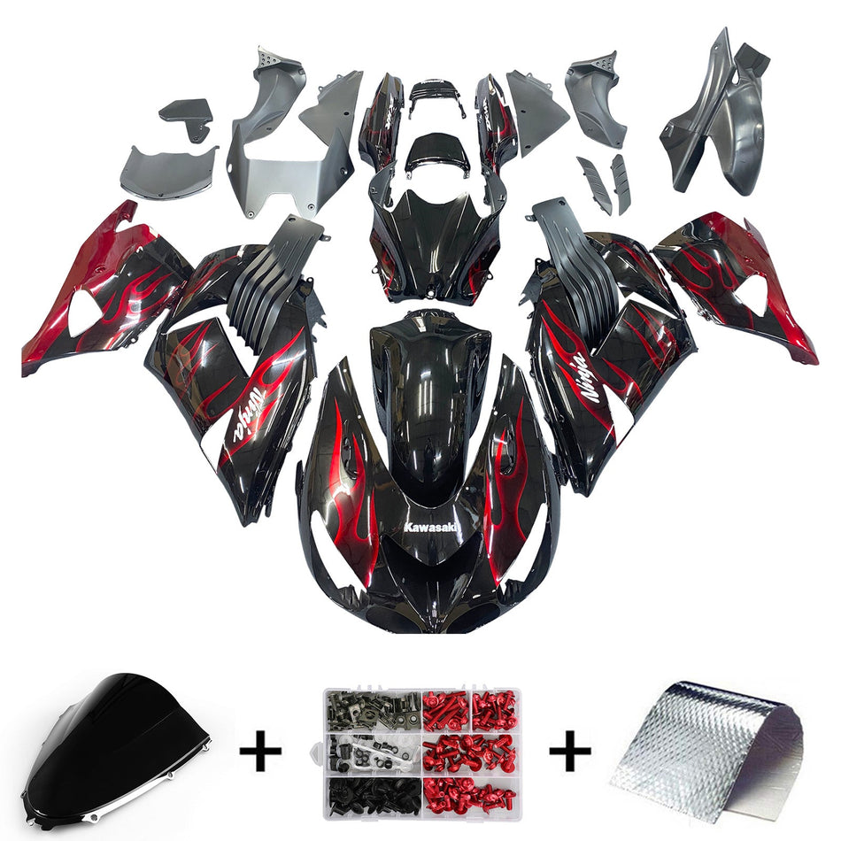 2006-2011 Ninja ZX14R ブラック&amp;レッド フレイム ボディワーク フェアリング ABS 射出成形プラスチック セット 2# ジェネリック