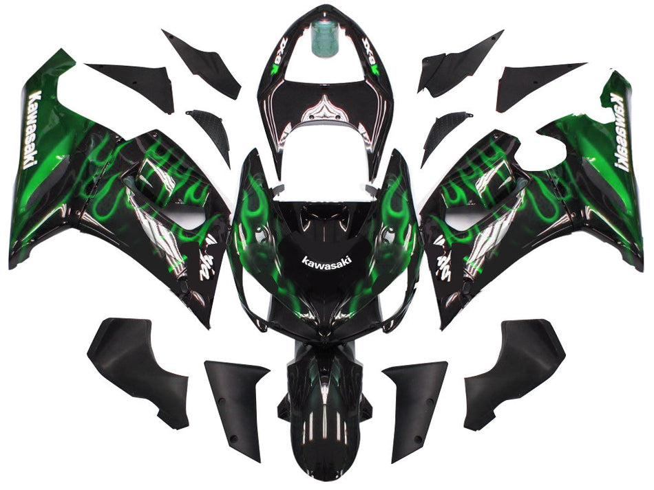 2005-2006 カワサキ ZX6R 636 フェアリング ブラック &amp; グリーン フレイム Ninja Racing ジェネリック