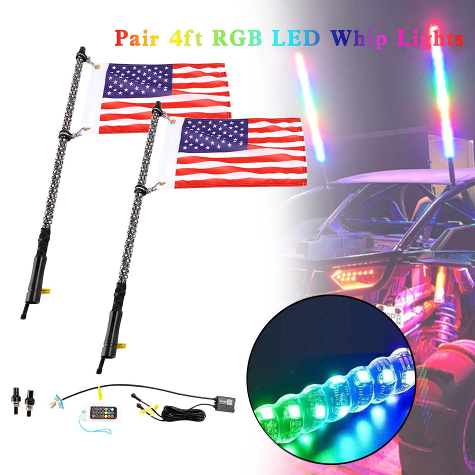 2X 4フィート RGB LED APP ホイップライトアンテナ フラッグリモコン付き Polaris UTV ATV用