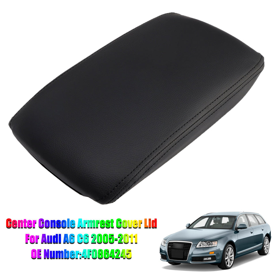 Audi A6 C6 2005-2011用 ブラックレザーセンターコンソールアームレストリッドカバー