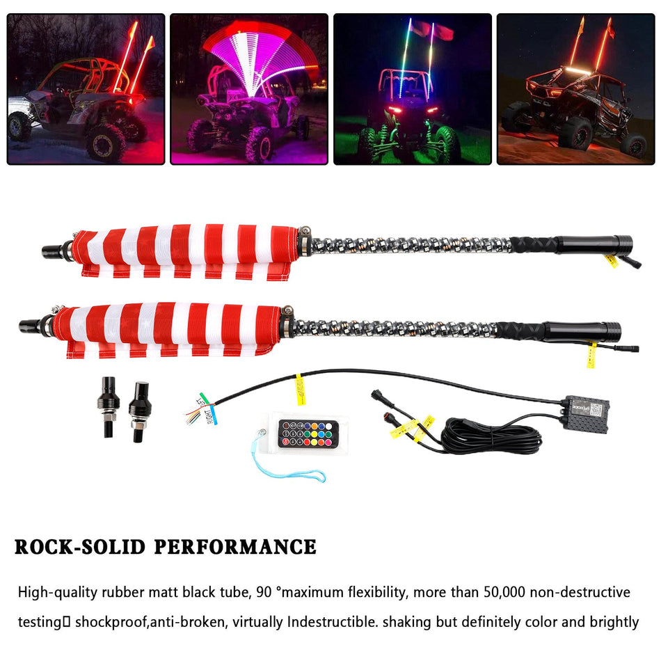 Polaris RZR UTV ATV用 3フィートRGB LEDホイップライトアンテナ（フラッグリモコン付き）2個
