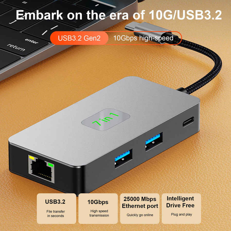 7 in 1 TYPE-CtoRJ45 2.5G 10G USB3.2 HDMI PD100W SD TF インターフェース ハブ アダプター ドック