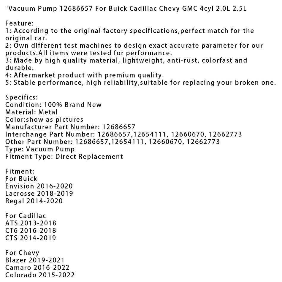 2015-2022 GMC キャニオン 真空ポンプ 12686657 12654111