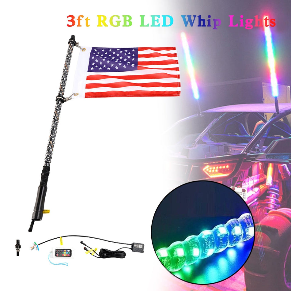 3フィート RGB LED アプリ ホイップライト アンテナ フラッグ リモコン付き Polaris UTV ATV 用