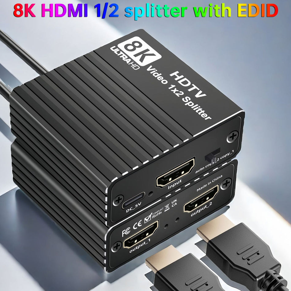 8K HDMI 1対2 スプリッター HD2.1 8K60hz/4K120hz/1080P240hz EDID付き スプリッター 1x2