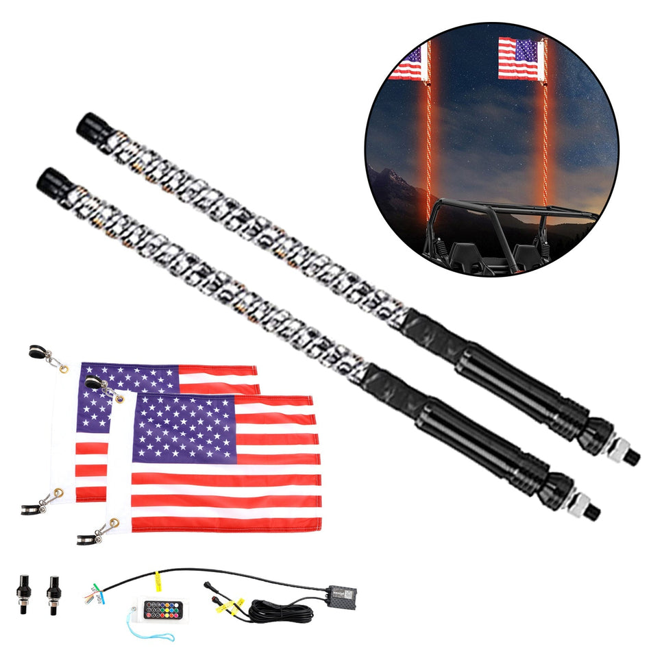 2X 2フィート RGB LED APP ホイップライトアンテナ フラッグリモコン付き Polaris UTV ATV用