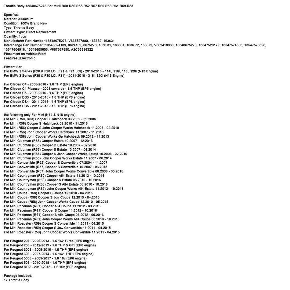 2010年12月～2015年4月 ミニクーペ（R58） クーパーSクーペ スロットルボディ 13548675278