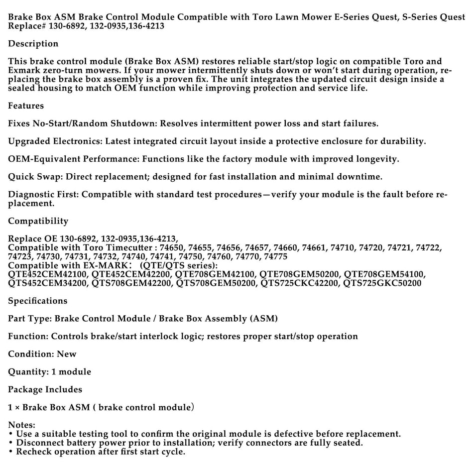 130-6892 136-4213 ブレーキボックス ASM ブレーキ制御モジュール Toro Timecutter Exmark用